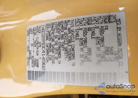 2003 Nissan Frontier Xe-V6 z USA, uszkodzony, nr VIN 1N6ED29Y83C414982